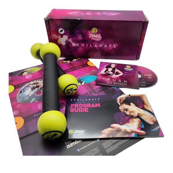 Zumba Fitness Exhilarate Body Shaping System 5 DVDs, Hand Weight Toning Sticks - Picture 1 of 5